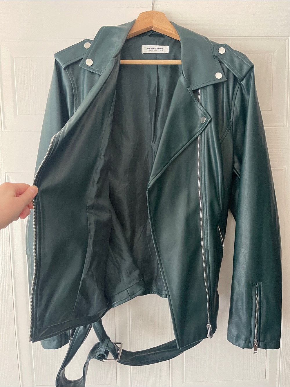 Glamorous UK Dark Forest Green Faux Leather Moto Jacket - Picture 3 of 15